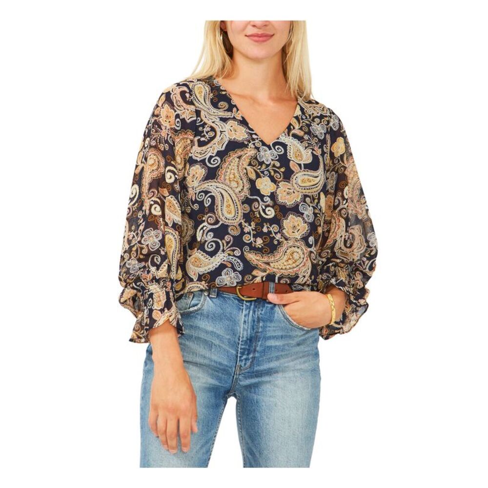 VINCE CAMUTO Womens Navy Lined Blouson Sleeve V Neck Wear To Work Blouse XS